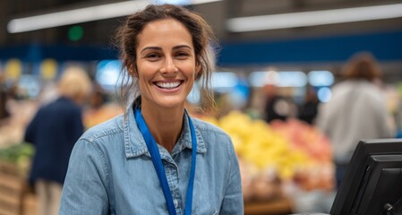 Young woman smiling while working at grocery store checkout