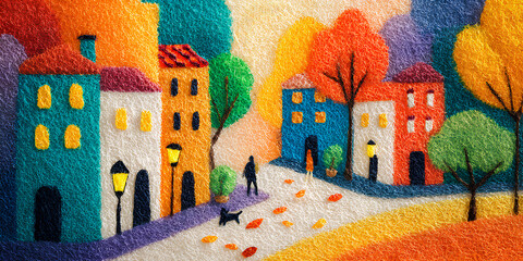 四季の街並み / 落ち葉舞うカラフルな秋の街角（クレパス画） Four Seasons Townscape / Colorful Autumn Street Corner with Falling Leaves (Crayon Painting)
