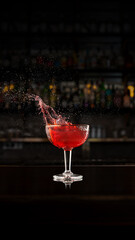 Red cocktail splash in bar interior with vibrant droplets. Concept of nightlife emotion and dynamic energy for beverage branding, HoReCa, and editorial advertising.