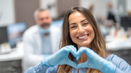 Female dentist making heart shape with hands while smiling in clinic  