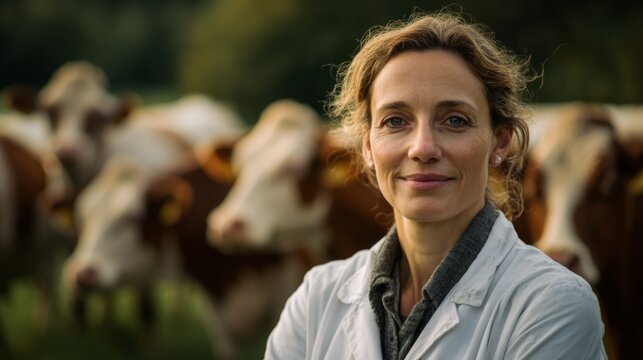 Female animal doctor standing confidently with cows in green pasture  