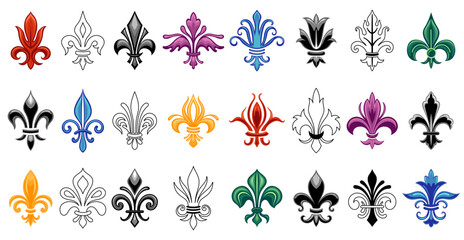 lilHeraldic lily. Fleur de lis black colored and line icons, french antique emblem logo, traditional decorative coat of arms flowers for heraldry badge design. Vector isolated set © Tartila