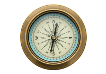 Isolated Antique brass compass navigation instrument for travel exploration, discovery, journey