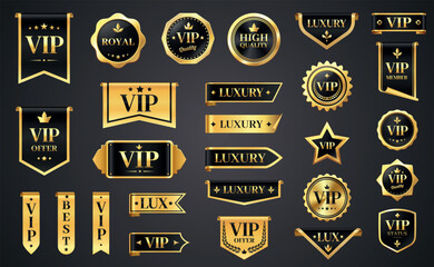 Naklejka premium VIP luxury labels. Golden premium quality badges and stickers, elegant frame design elements for certificate, scroll and award. Vector luxurious isolated set