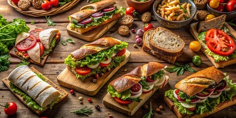 Fototapeta premium Gourmet Sandwiches Overhead: Delicious Lunch Variety, Top View