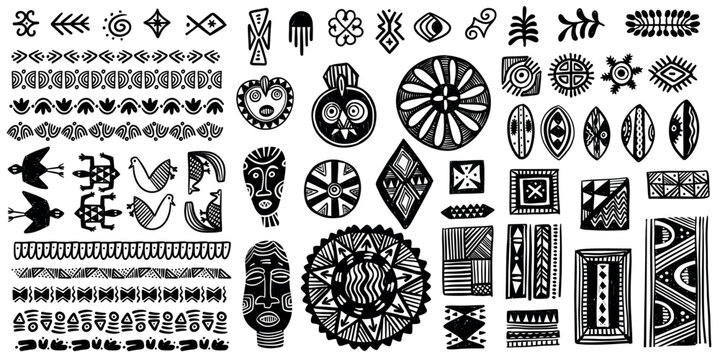 African tribal icon. Abstract geometric ethnic ornamental shapes, ancient tribe art symbols, African folk decorative elements. Vector isolated set
