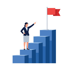Businesswoman standing on a bar chart, pointing towards a flag on a pole