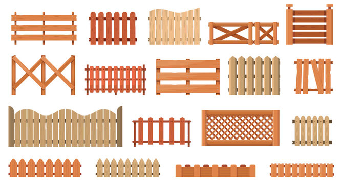 Wooden fence. Cartoon rural wood panel gate wall, flat picket boundary construction with boards, country farm security enclosure. Vector garden fences set