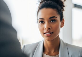 A professional business woman in a serious conversation.