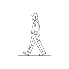 Confident individual strides forward with purpose, embodying modern style and forward momentum in a dynamic, clean line art depiction perfect for your next project.