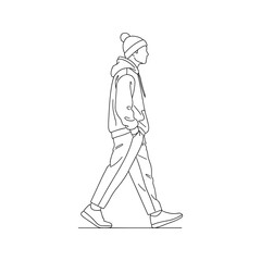 Modern young man in casual streetwear confidently striding forward with hands in pockets, showcasing urban style and youthful energy in a minimalist line art design.