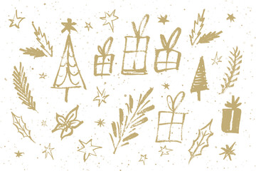 Set of vector sketchy drawings of Christmas decoration elements: presents, Christmas tree, leaves and branches, stars. Rough brush texture. Isolated on white background.