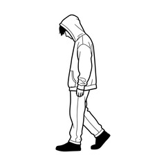 Young person in a hooded sweatshirt walking with head down conveying introspection, solitude, or contemplation in a modern, minimalist style.