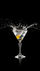 Clear martini splash with lemon slice frozen in energetic motion. Concept of vitality, freshness, and elegance for beverage advertising and modern branding.