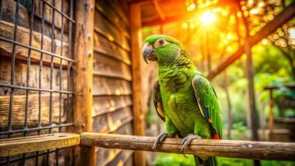 Obraz premium Green Parrot in Cage, Outdoor Shade, Fashion Photography