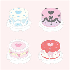 Cute pastel cartoon cake vector illustration set with hearts