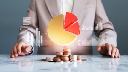 Chart predominantly golden yellow and vibrant red sections that hovers in the air above a neat stack of various copper and silver coins representing investment.