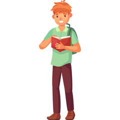 Young boy with orange hair wearing a light green t-shirt and brown pants reading a red book holding it with two hands and a backpack on his back white background