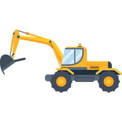 Yellow Wheeled Excavator Construction Vehicle With Dark Gray Wheels And Bucket On White Background