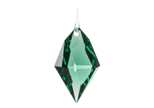 Isolated emerald green crystal ornament hanging, faceted glass decoration design object