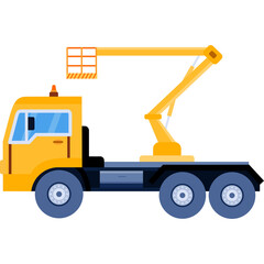 Yellow truck mounted with aerial work platform extended high in the air with blue sky background and white clouds illustration