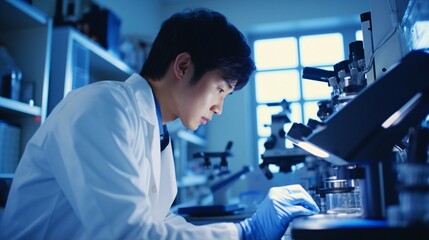 実験を行う白衣を着た日本人の研究員男性