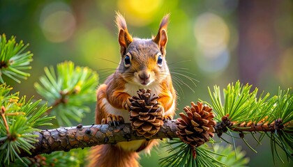 Fototapeta premium Curious Red Squirrel Perched on Pine Branch with Pinecones, Eye Contact