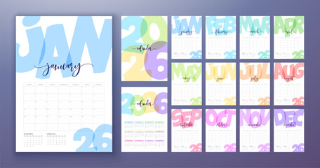 2026 Printable Monthly Calendar Design Template with Colorful Typography Number on White Background for New Year. Horizontal Whole Annual Schedule Planner Illustration for Wall Poster, Card Calendar