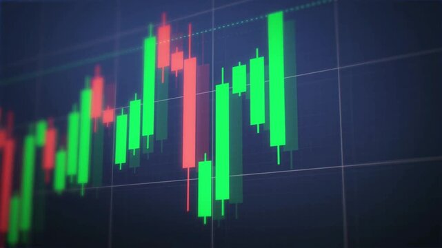 Close-up of a digital stock market candlestick chart showing bullish and bearish trends for financial trading and investment analysis - Powered by Adobe