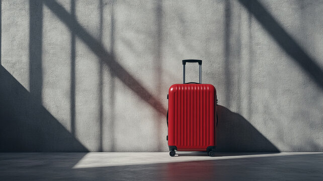red suitcase mockup on a gray wall background