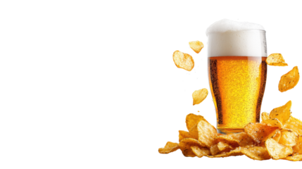 Beer Glass with Chips on Transparent Background