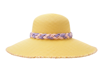Yellow straw sun hat with braided band isolated PNG, stylish summer headwear for beach vacation and sun protection on transparent background