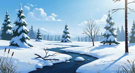 Winter Landscape with Snow-Covered Trees and Stream