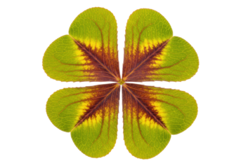 Four-leaf clover PNG isolated on transparent background, lucky charm with green and brown leaves for St Patrick s Day and good fortune