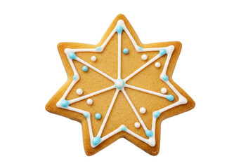 Gingerbread star cookie isolated PNG on transparent background, festive holiday treat with white and blue icing for Christmas designs