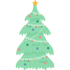 A Light Green Christmas Tree Decorated With Colorful Baubles String Lights and a Yellow Star Topper on a Transparent Background