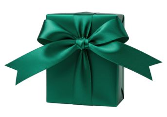 Emerald green gift box with satin bow isolated PNG, present wrapped in shiny paper for Christmas or birthday on transparent background
