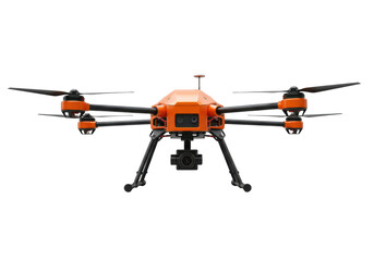 Orange quadcopter drone PNG isolated on transparent background, unmanned aerial vehicle for inspection and surveillance