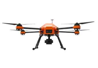 Orange quadcopter drone PNG isolated on transparent background, unmanned aerial vehicle for inspection and surveillance