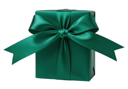 Emerald green gift box with satin bow isolated PNG, present wrapped in shiny paper for Christmas or birthday on transparent background
