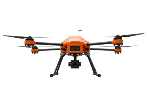 Orange quadcopter drone PNG isolated on transparent background, unmanned aerial vehicle for inspection and surveillance