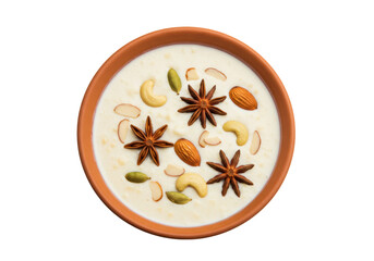 Delicious kheer in a bowl isolated, traditional Indian rice pudding with nuts and spices, creamy dessert