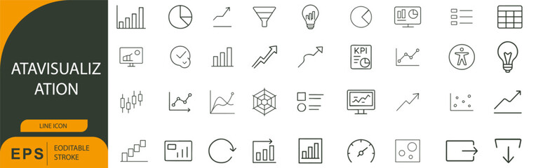 Data Visualization Line Icon Set – Symbols of Analytics, Charts, and Insightful Presentation