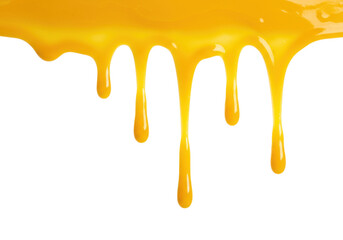 Bright yellow honey dripping isolated PNG on transparent background, sweet golden syrup flowing down for food design and decoration