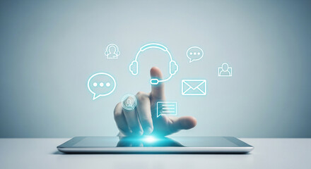 Human hand pointing directly at a glowing headset icon on a digital tablet surface with support symbols