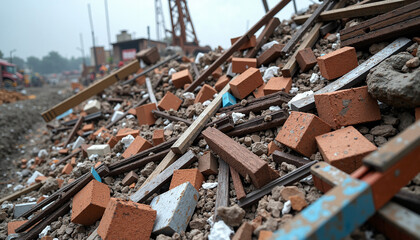 Pile of debris after demolition with brick, rebar, and wood is pictured following destruction. Pile of debris reveals aftermath of earthquake, explosion or natural disaster.
