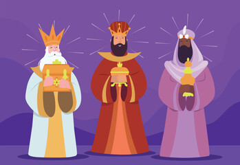 Three Wise Men, Reyes Magos Vector Illustration on Purple Background.