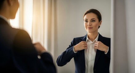 A confident businesswoman adjusting her professional suit in the mirror, getting ready for a job interview or important meeting. Focus on success, preparation, and professional career.