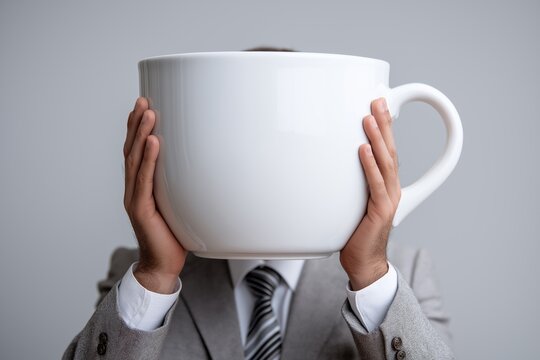 A businessman in a gray suit holding a huge white coffee cup in front of his face on a neutral background, symbolizing fatigue and dependence on caffeine