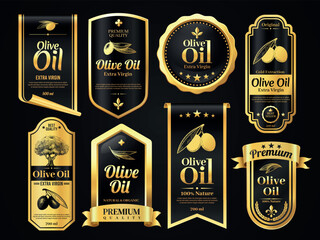 Olive oil label. Organic products premium quality labels with engraved olives, natural award badges for bottle packaging design. Vector olive banners collection